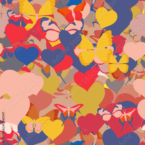 Background pattern abstract design texture. Seamless. Theme is about Pipevine, summer, tropical, hearts, spring, graphic, drawing, fly, repeat, colorful, Butterfly, Red Admiral, background