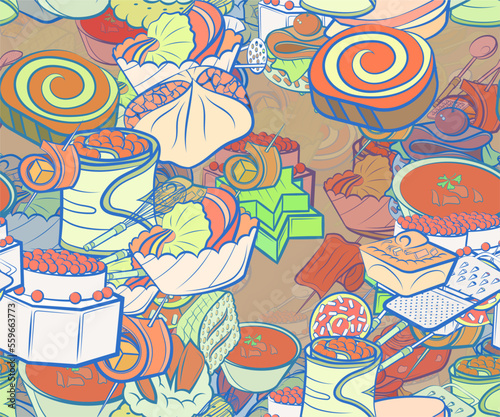 Background pattern abstract design texture. Seamless. Cutlery and Snacks. Theme is about caramel, twisted, soup, six-pointed, Potato Maker, caviar, spiral, mini cake, tartlet, vitamins, meat fork