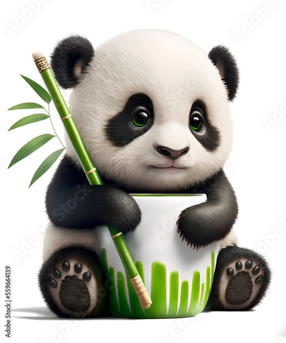 Cute baby panda cub holding a bowl and bamboo stick, 3D illustration on isolated background