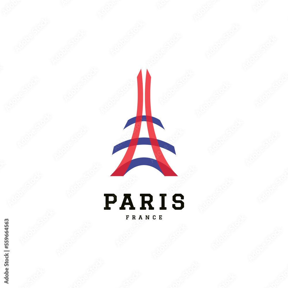 Paris eiffel tower logo design with overlapping overlay color icon