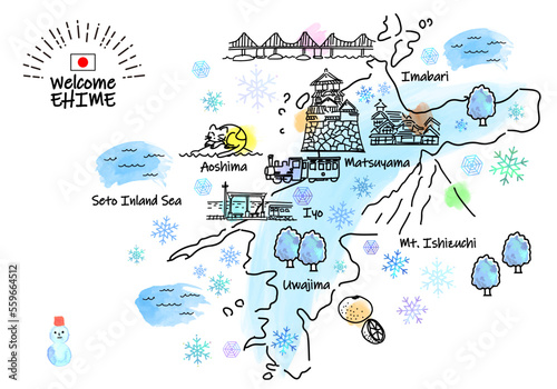 冬の愛媛県の観光地のシンプル線画イラストマップ