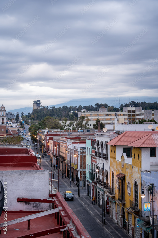 Beautiful panoramic view of the city of Puebla in Mexico.Sunset.