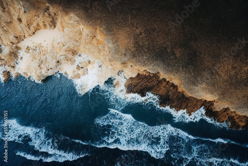 Obraz na plátně AI generated image drone photo, top view of seascape ocean wave crashing rocky cliff with sunset at the horizon as background