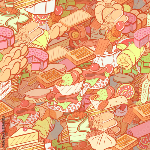 Background pattern abstract design texture. Seamless. Bakery products and Snacks. Theme is about biscuit, round, tartlet, stick, cake, bacon, fried, a sandwich, saturated with filling, basket