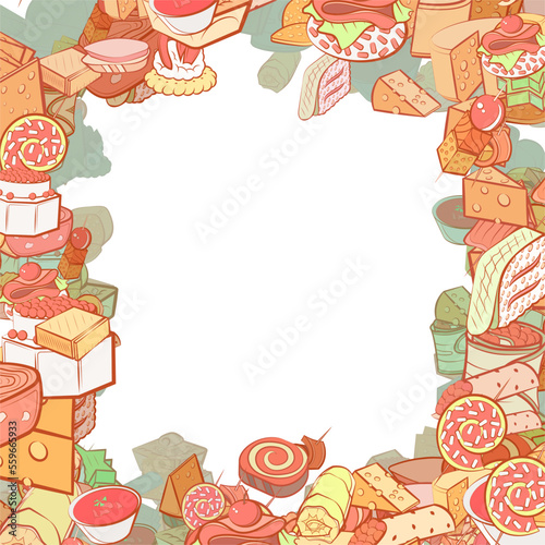 Background pattern abstract design texture. Cheeses and Snacks. Border frame, transparent background. Theme is about pancake, twisted filling, thinly sliced, jelly, stuffed cabbage, strung up