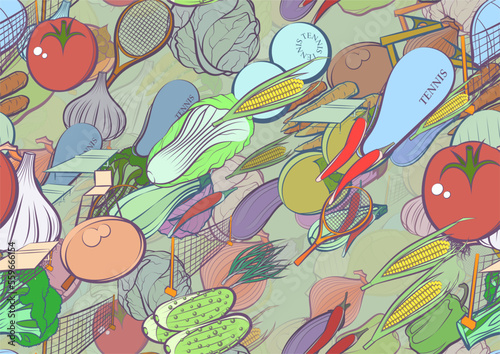 Background pattern abstract design texture. Seamless. Tennis and Health food. Theme is about pods, net, case, cooking, vegetables, vitamin C, protein, in the leaves, tennis racket case, healthy food