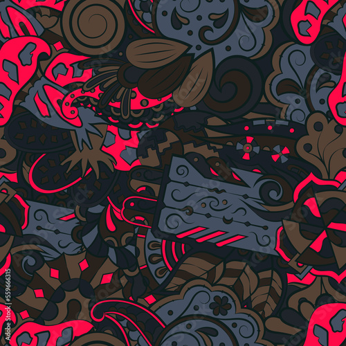 Tracery seamless pattern. Mehndi design. Dark sharp colors. 7 colors. Ethnic doodle texture. Curved doodling background. Vector