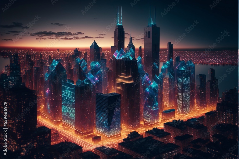 Fototapeta premium city skyline with all buildings made of neon lights