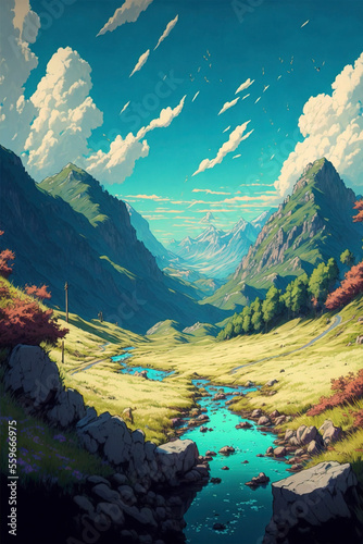 a tranquil valley between mountains