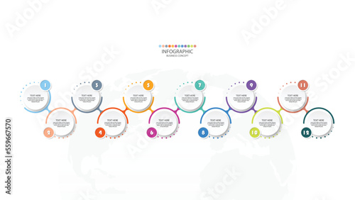 Process infographic with 12 steps, process or options.