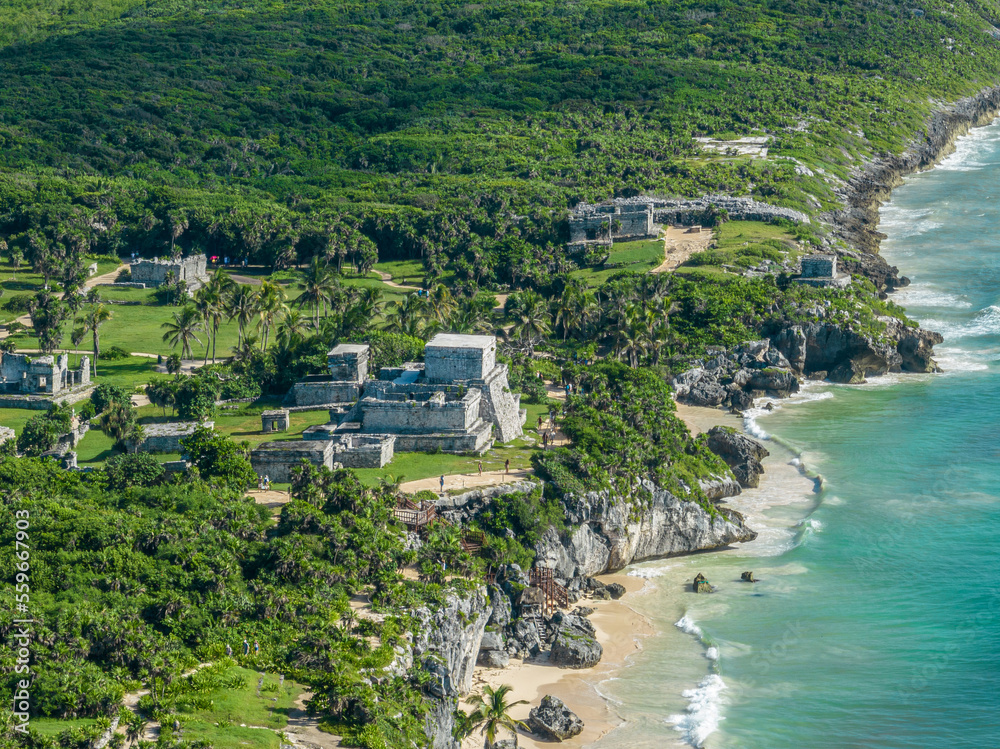 Aerial view of Mayan ruins and Tulum coast in Mexico. Panorama. - obrazy, fototapety, plakaty 