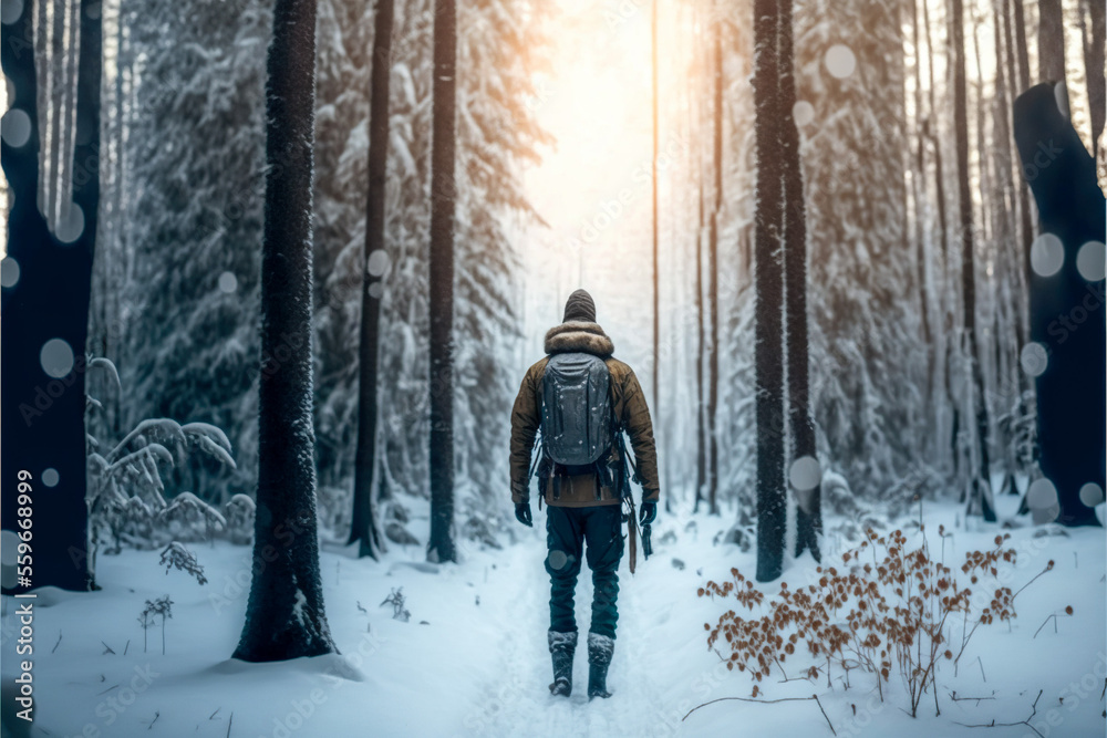 Man walking trough a snowy forest, Generative AI Man walking trough a snowy forest, Generative AI