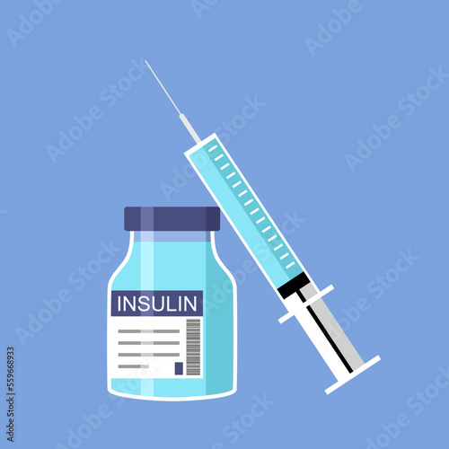 Insulin bottle and syringe injection for diabetes in flat design.