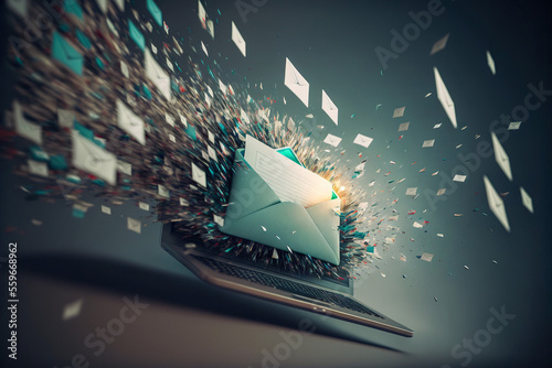 Email and envelopes bombard a laptop with spam, Generative AI photo