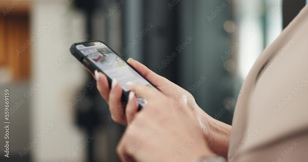 Smartphone, social media and woman scroll online network for meme, news app and e commerce shopping for web entertainment. Cellphone, internet website and mobile technology for connection
