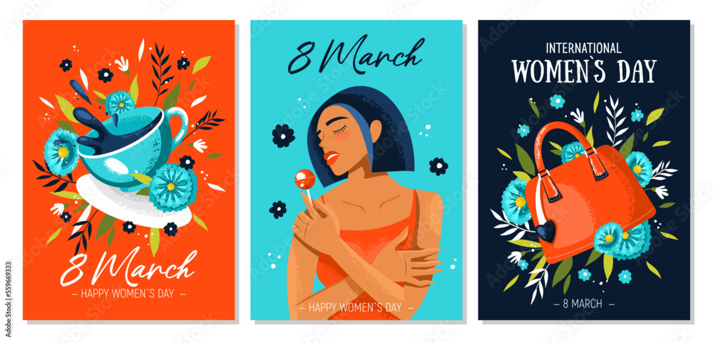 Beautiful trendy set of greeting cards for 8 March. International Women's Day. Woman and a lollipop, woman's bag with flowers, cup of coffee, tea, flying cup. Stylish flat graphics and original design