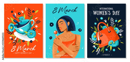 Beautiful trendy set of greeting cards for 8 March. International Women's Day. Woman and a lollipop, woman's bag with flowers, cup of coffee, tea, flying cup. Stylish flat graphics and original design