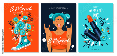 Beautiful trendy set of greeting cards for 8 March. International Women's Day. Teenage girl, sneakers with flowers and women's lipstick. Stylish flat graphics and original design