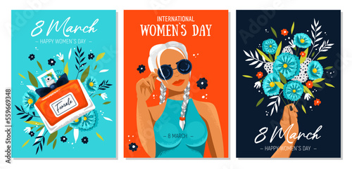 Beautiful trendy set of greeting cards for 8 March. International Women's Day. Girl with sunglasses, hand with a bouquet of flowers, woman's perfume. Stylish flat graphics and original design