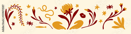 Trendy abstract design elements set. Flowers, leaf, plants, branches decorations. Modern decorative collection with eye, stars, snake. Esoteric and floral cliparts. Isolated flat vector illustrations