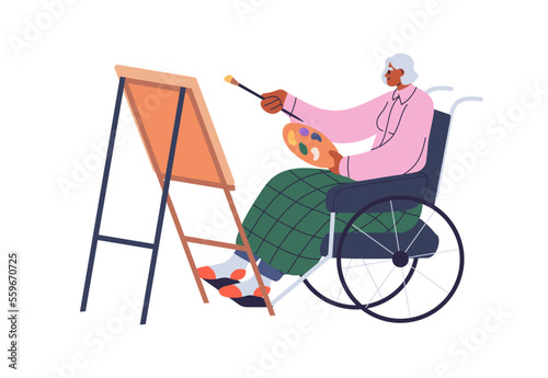 Senior person with disability in wheelchair, drawing on canvas. Old artist painting at easel. Elderly black woman painter in wheel chair. Flat vector illustration isolated on white background