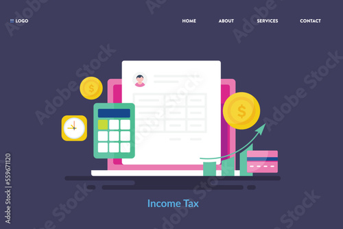 Income tax payment calculation online tax filling business and financial accounting money budget concept, web banner template.