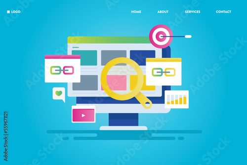 Link building for website optimization SEO strategy online business establishment, digital marketing search development creative illustration concept.