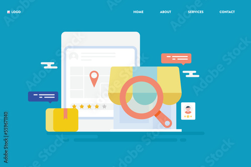 Creative illustration concept of local seo business listing, map location pointer on digital screen shows company store address with customer review.