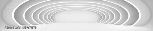 Abstract white tunnel under multiple round arches. Realistic vector illustration of empty 3D passage perspective. Modern art gallery, space station, hotel, futuristic office building interior design