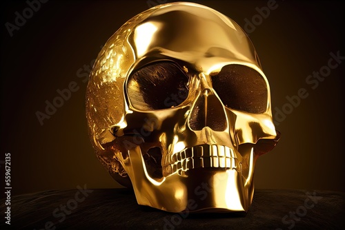 Golden Skull - Human skull made out of 24 karat gold with 3D shading and a photorealistic look to represent death. Made by generative AI
