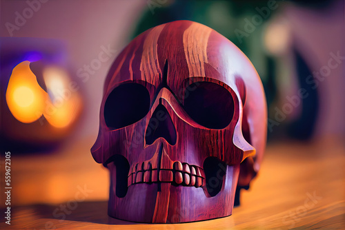 Wooden Skull - Realistic 3D shaded skull with photorealistic background. Made to look like a real photo with real woodgrain. Generative AI photo