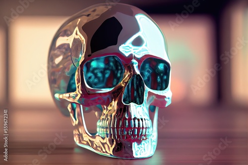 Human skull made out of sterling silver with 3D shading and a photorealistic look to represent death. Made by generative AI photo