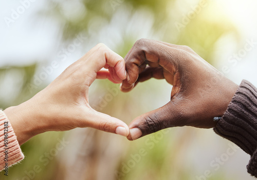 Canvas Print Love, a couple and heart hand sign with nature, man and woman together with affection and diversity