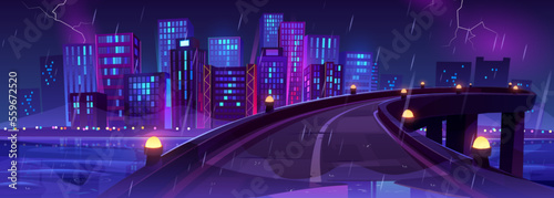 Night rainy city skyline view from bridge, road with glow street lamps, railings and metropolis cityscape with neon glowing skyscraper buildings, urban architecture. Cartoon vector illustration