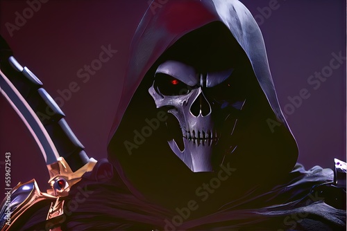 Grim Reaper - The angel of death is a skeletal spirit with black cloak and metal scythe. Modern style by generative AI with 3D shading for a dark and foreboding figure