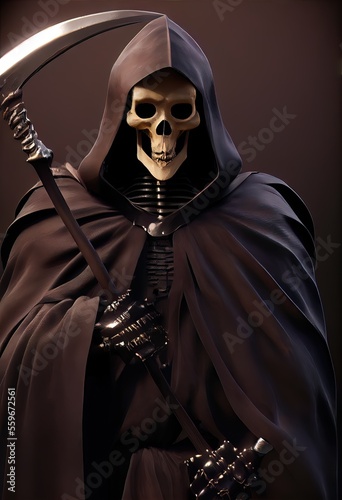 Grim Reaper - The angel of death is a skeletal spirit with black cloak and metal scythe. Modern style by generative AI with 3D shading for a dark and foreboding figure