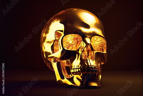 Golden Skull - Human skull made out of 24 karat gold with 3D shading and a photorealistic look to represent death. Made by generative AI photo