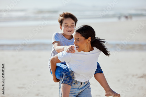Fotografie Mother, beach piggyback and asian child with smile, family bonding and outdoor vacation in sunshine