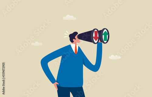 Forecasts for the economy. World Economic Outlook. The rise and fall of the stock market. Businessman using binoculars looking up and down arrow graph. Illustration