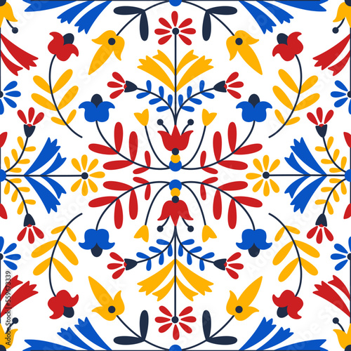 Bright symmetric seamless motif. Vector flat illustration with retro flowers and leaves. Vintage floral pattern. for design of fabric, paper, and other surfaces