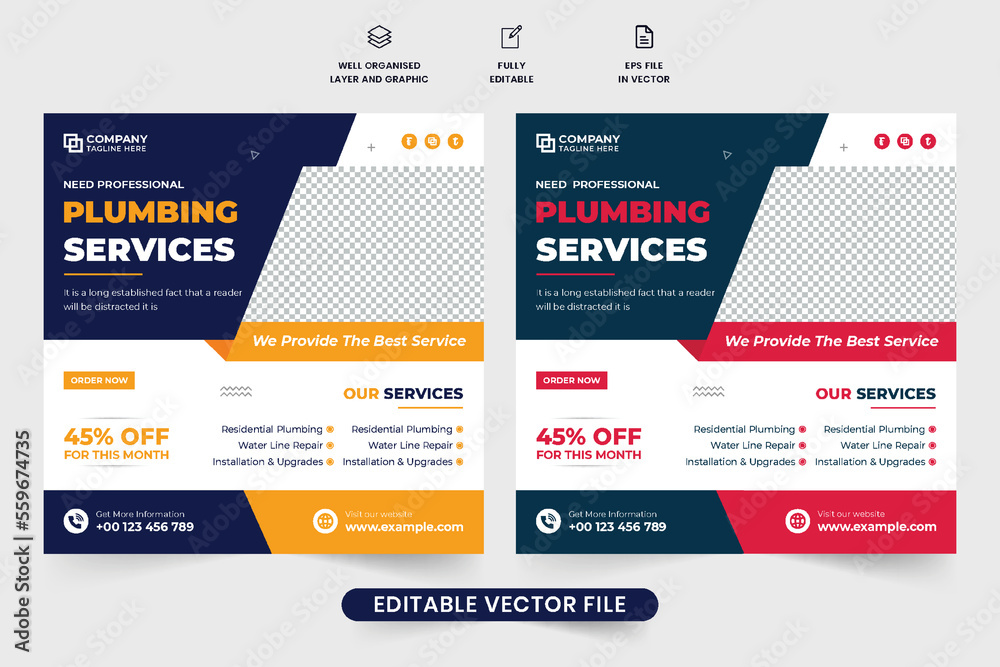 Professional plumbing service social media post vector with purple and red colors. Handyman and maintenance service advertisement template with photo placeholders. Plumbing business promotion poster.
