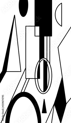black and white background with geometric abstract shapes of triangles. circles and squares. vertical size. cover or textile print.