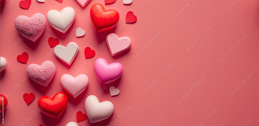 Valentine's day background with red and pink hearts on pink background