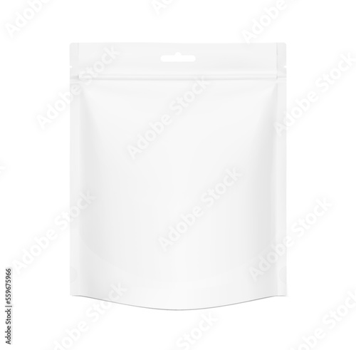 Blank stand up pouch bag with zipper mockup. Vector illustration isolated on white background. Front view. Realistic mockup will perfectly convey the benefits of your product. EPS10.	