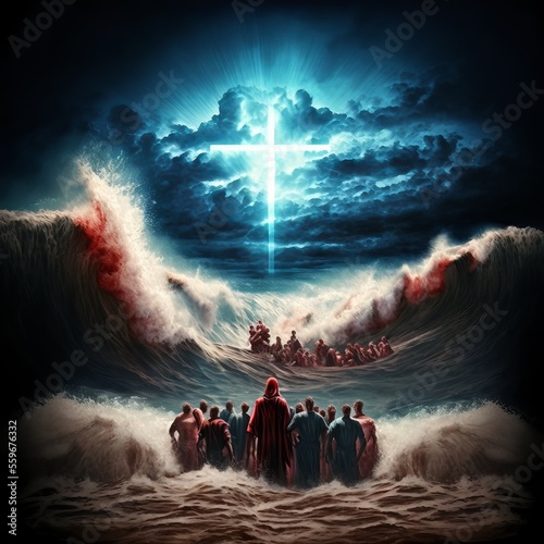 Fototapete Biblical scene: Moses and his followers on the shore of the Red Sea, vision of a