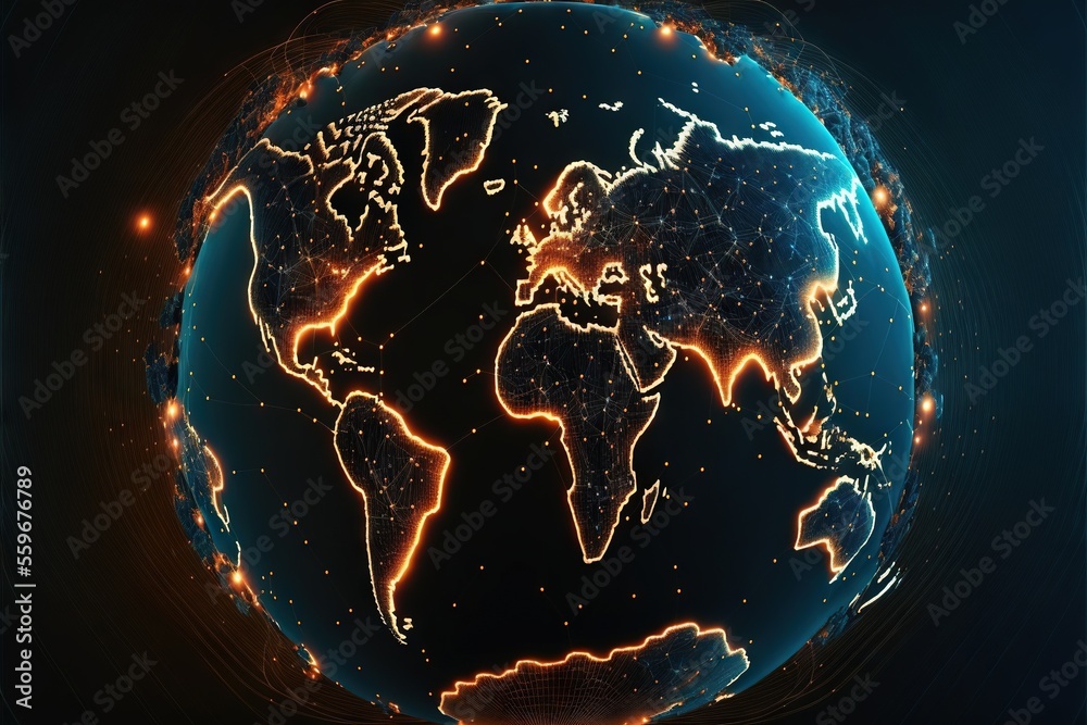 a glowing earth with a dark background and a blue sky with lights ...