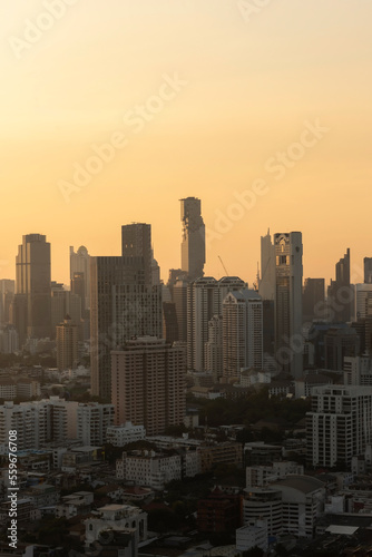 Landscape of the office building with sunset at bangkok Thailand. Cityscape of the capital of Thailand in the evening.