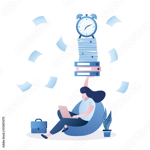 Confident businesswoman working with laptop while hold load of paperwork. Ability to work under pressure, leadership skill to success, control stressed complete work within timeline, deadline.