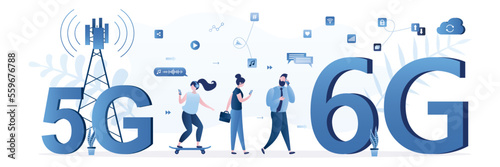 Group of users go from technology 5g to high-speed 6g. New generation of networks with fast internet. Wireless communication at high speeds. Various people uses smart gadgets.