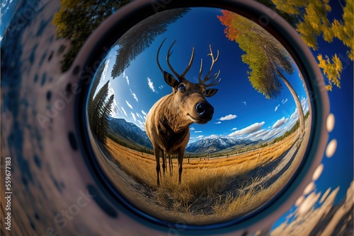  a deer is seen in a fish - eye lens in a field of grass and trees, with mountains in the background, and a blue sky with clouds and yellow grass, and yellow. Generative AI photo